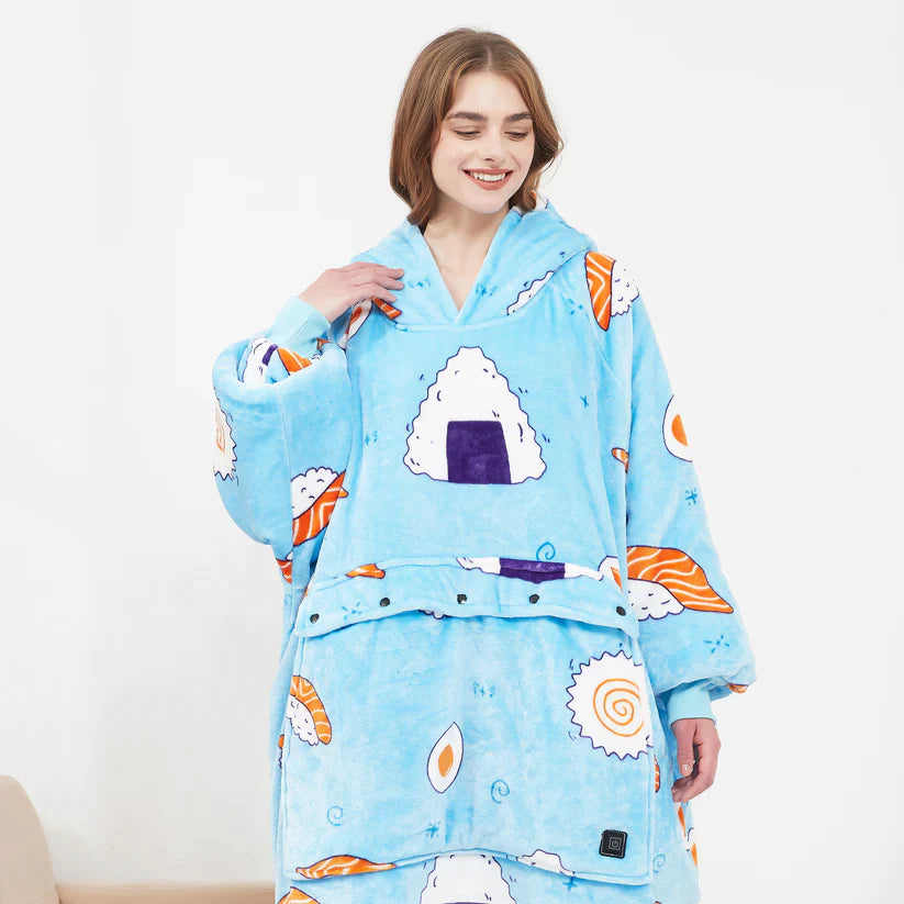 Light blue sushi-print heated hoodie blanket worn by a woman