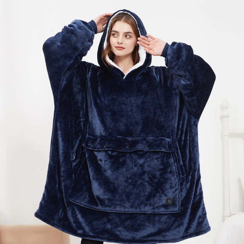 Navy blue heated hoodie blanket with a sherpa-lined hood and large front pocket